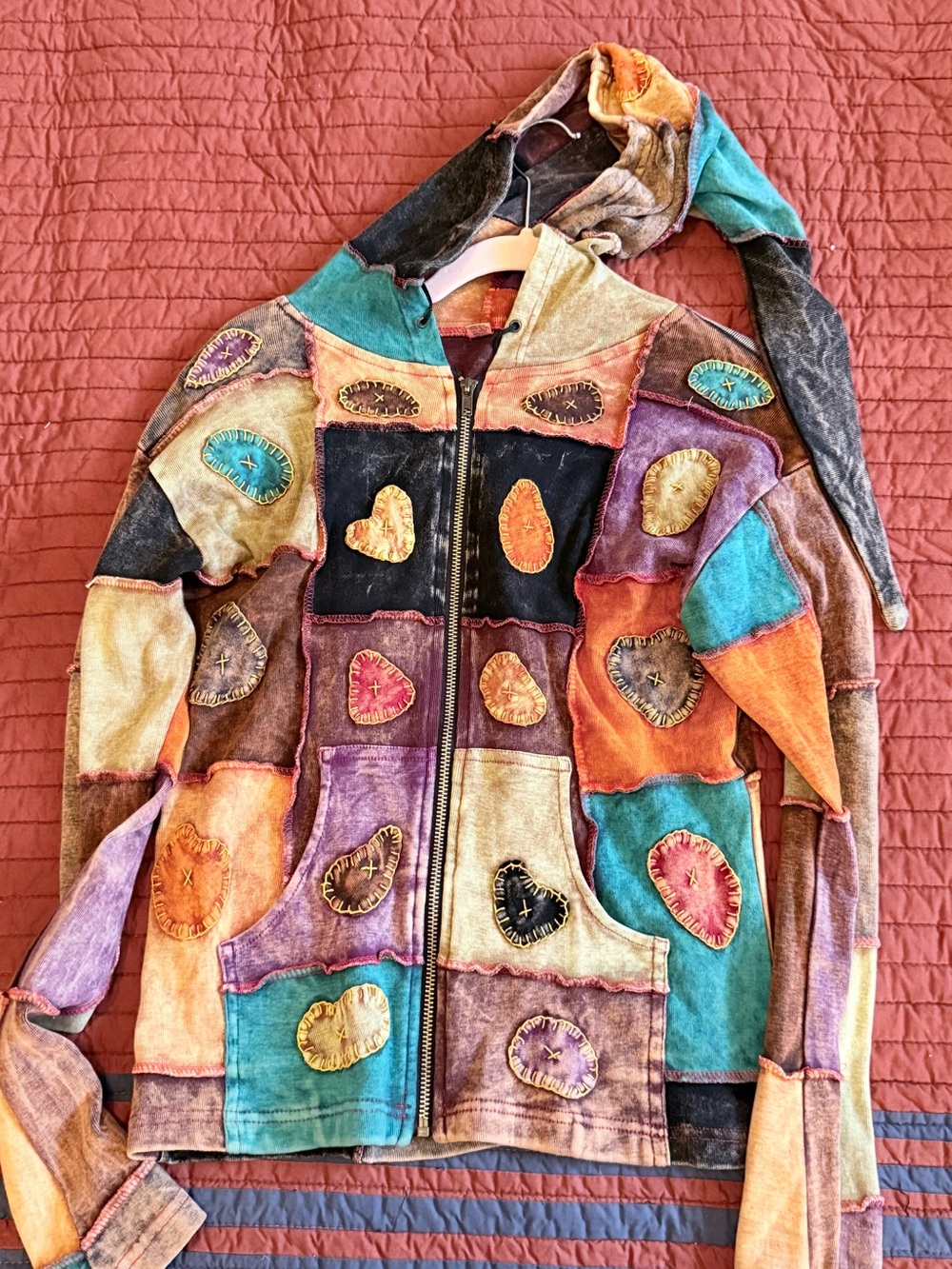 Patchwork Heart Zip Hoodie Jacket - Multicolor
